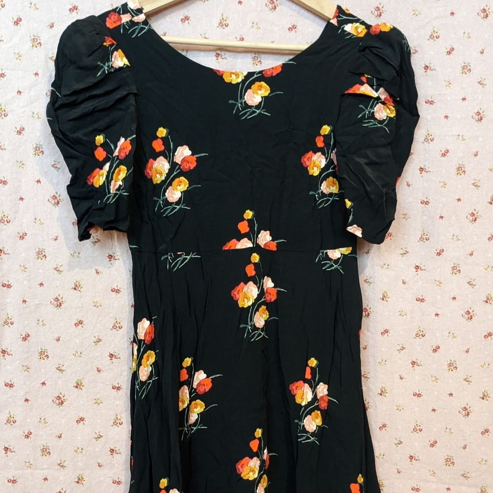 Zara Black Floral Mini Dress with Puffed Sleeves